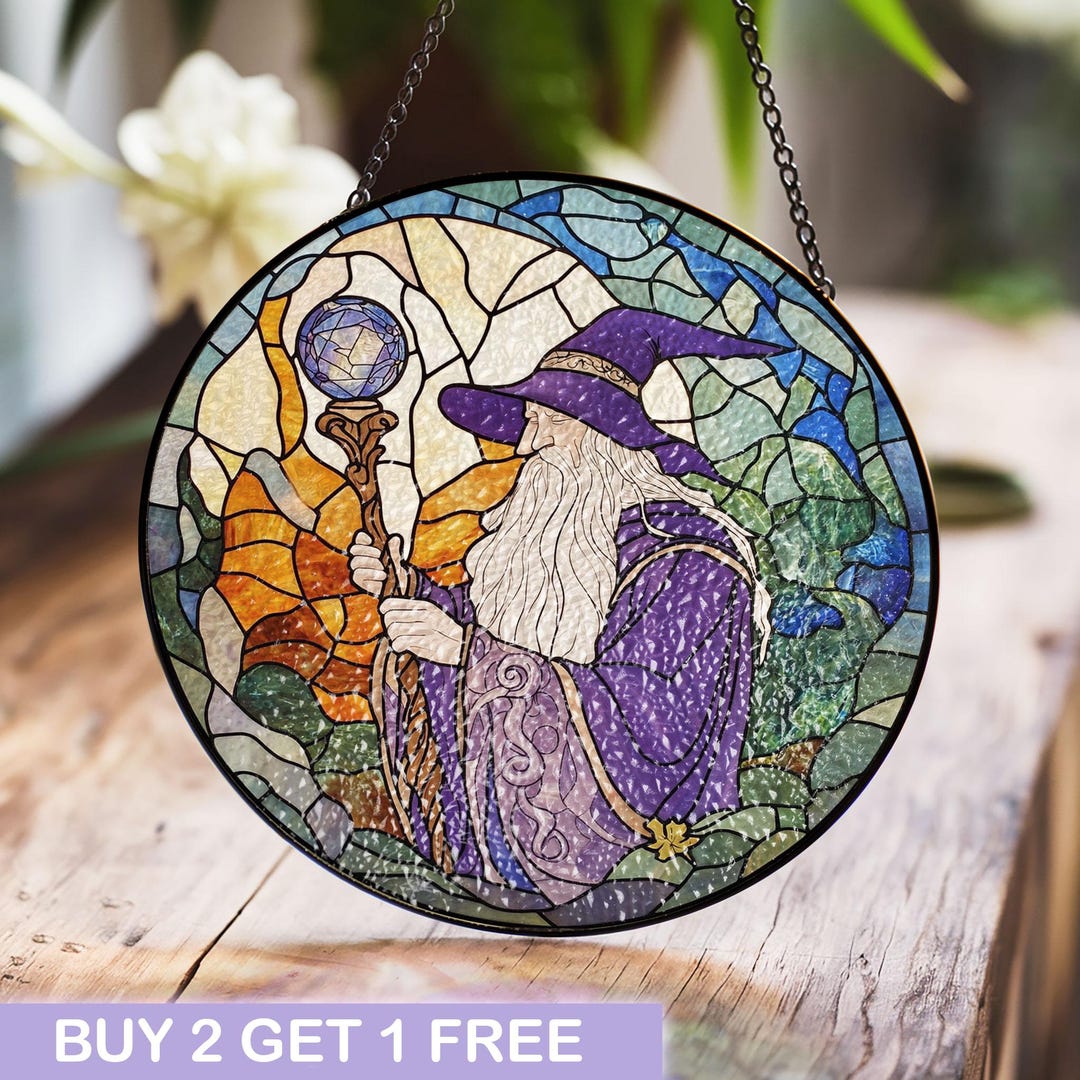 Wizard Stained Glass Panel With Enchanted Crystal Staff and Purple Robe ...