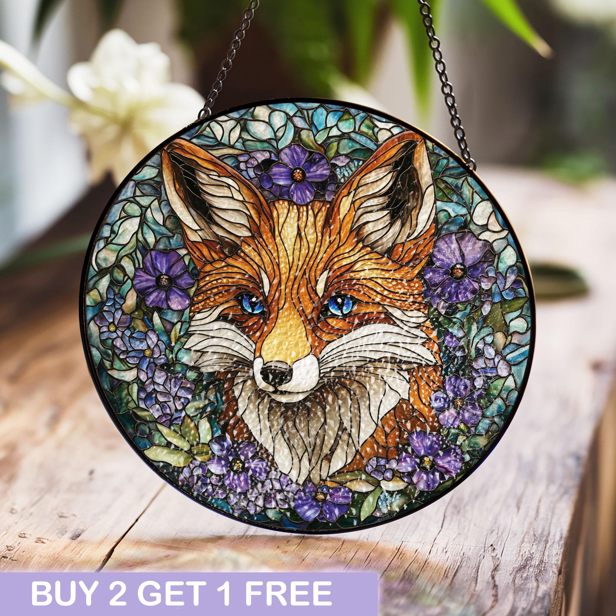 キツネのステンドグラスパネル - 生き生きとした野生動物と花のアート