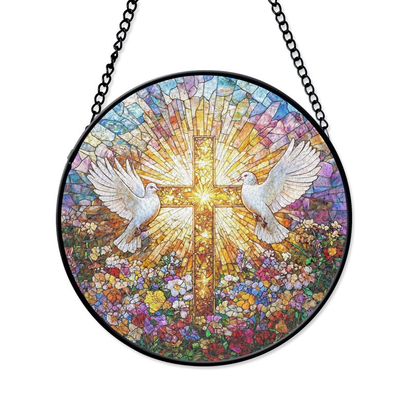 Christian Cross Stained Glass Suncatcher, Doves & Floral Window Decor ...