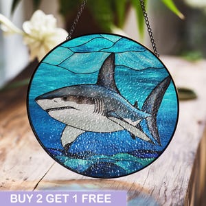 Majestic Shark Stained Glass Panel with Ocean Scene for Window Decor