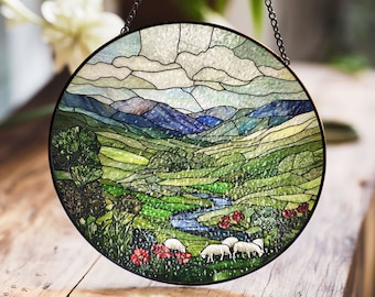 Green Irish Hills glas-in-loodraam, stijl raam- of wanddecoratie, landelijk geïnspireerd decor, perfect voor natuurliefhebbers