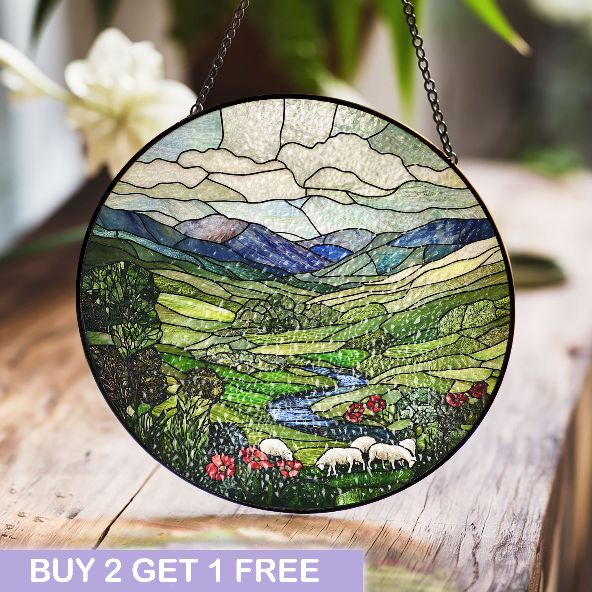 Sunlight Art Fensterpaneel 'Lush Waterfall' – Buntes Naturbild Wie Buntglas, 27,9 X 27,9 Cm Mit Saugnäpfen