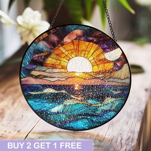 Stained Glass Sunset Over Ocean Suncatcher – Vibrant Sun, Waves, and Sky Design for Coastal Home Decor