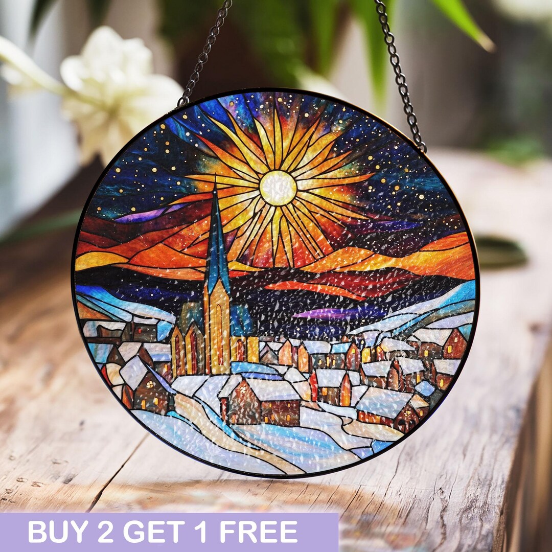 星月夜と雪景色を描いた冬の村のステンドグラス窓パネル - Etsy 日本