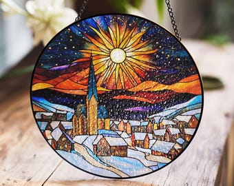 ステンドグラス　スマイル　パネル 星月夜と雪景色を描いた冬の村のステンドグラス窓パネル - Etsy 日本
