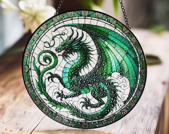 Dragon Stained Glass Suncatcher, Bold Green Dragon Art, Fantasy Decor, Mythical Theme, Stained Glass, Perfect Gift for Fantasy Lovers