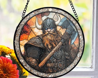 Atrapasueños de vitrales de guerreros vikingos, decoración de hacha de guerrero nórdico, regalo para exhibición de pared, estilo medieval, regalo para papá, idea para el Día del Padre