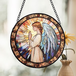 Angel Stained Glass Suncatcher, Praying Guardian Angel Decor, Spiritual Window Art, Religious Gift, Christian Home Accent, Baptism gift