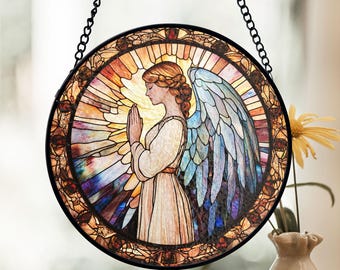 Angel Stained Glass Suncatcher, Praying Guardian Angel Decor, Spiritual Window Art, Religious Gift, Christian Home Accent, Baptism gift