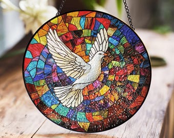 Peace Dove Stained Glass Panel - Vibrant Multicolor Design Circular Window Hanging