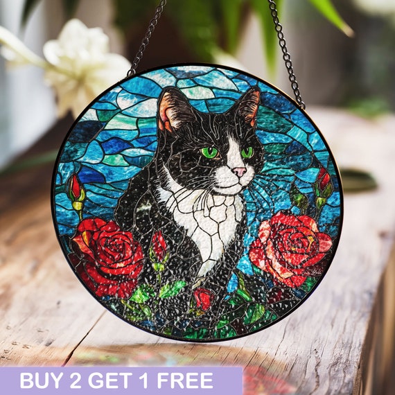 ステンドグラス 猫と花 ステンドグラスブログ 猫のステンドグラス作品