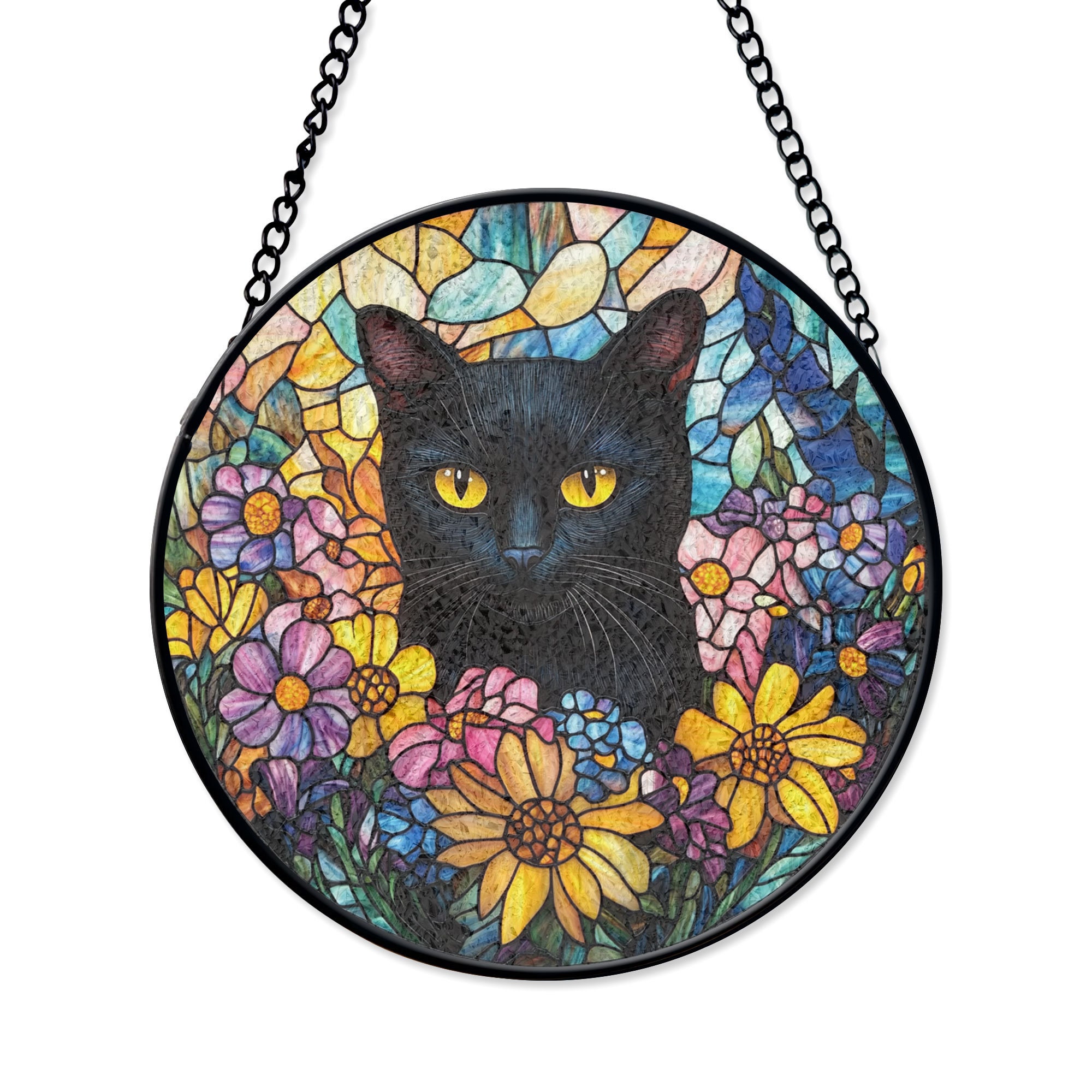 ステンドグラスの黒猫と花のサンキャッチャー、トラ猫のステンドグラス