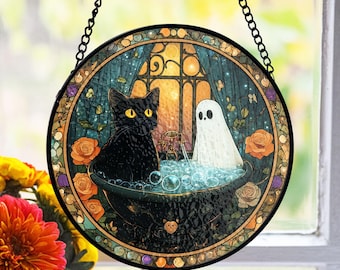 温室の黒猫：ステンドグラス風の窓掛け - Etsy 日本
