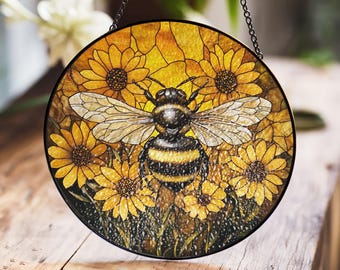 Lebendige Hummel Glasmalerei, Sonnenblumen Garten Fenster Kunst