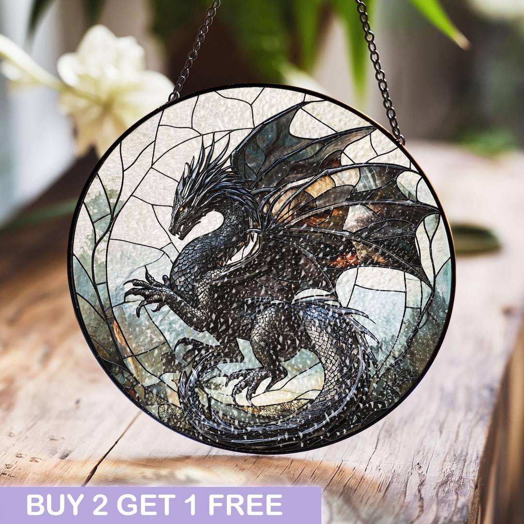 Majestic Black Dragon Stained Glass Panel, Fantasy Window Art - Etsy