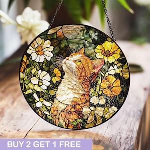 Orange Cat with Daisies Stained Glass Art - Whimsical Floral Feline Window Panel Decor