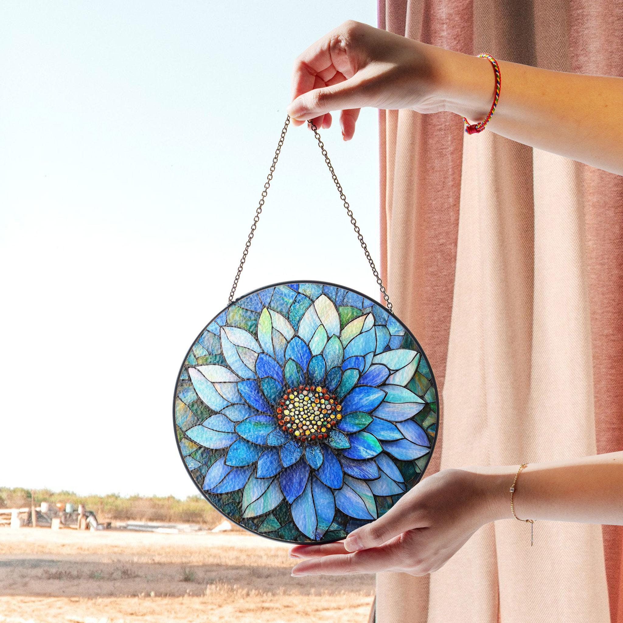 なか　ステンドグラスパネル(ロータス) ブルーロータスステンドグラスパネル、窓装飾用の鮮やかな花のアート