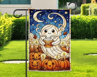 Cute Ghost Garden Flag For Halloween Decor, Cozy Pumpkin Garden Flag, Spooky Moon Yard Flag, Kawaii Fall Porch Gift, Autumn Home Decor