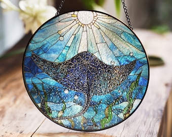 Stingray Stained Glass Suncatcher, Underwater Sea Life Window Art, Coastal Marine Style, Ocean Lover Decor, Nautical Gift Idea