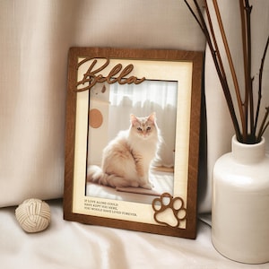 May include: Wooden picture frame with a photo of a fluffy cat. The frame has the name "Bella" in script and a paw print cutout. The text reads "IF LOVE ALONE COULD HAVE KEPT YOU HERE, YOU WOULD HAVE LIVED FOREVER."