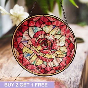 Stained Glass Red Rose Suncatcher - Elegant Floral Window Hanging for Home Decor and Gift