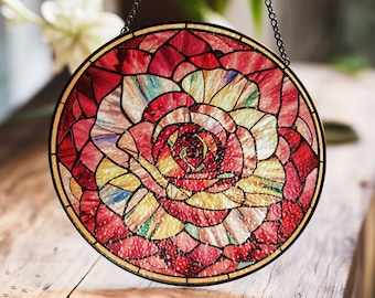 May include: A stained glass window hanging with a red rose design. The rose is made up of many small pieces of glass in shades of red, pink, yellow, and green. The window is round and has a black metal frame.