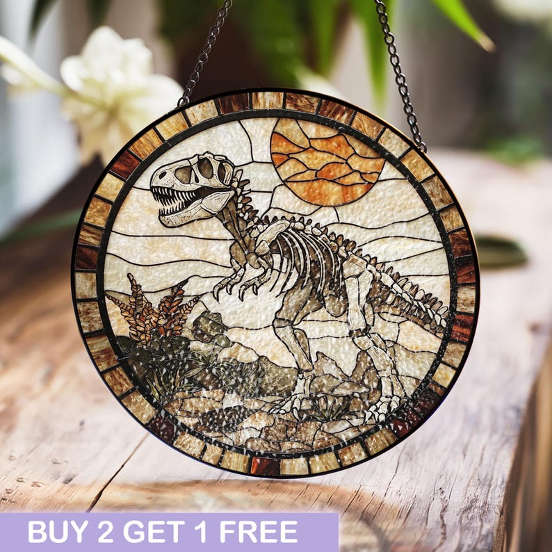 Dinosaur Skeleton Stained Glass Suncatcher, Prehistoric Window Decor ...