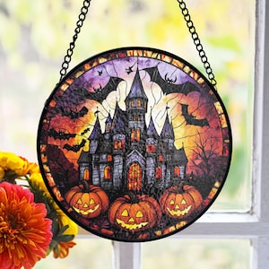 Haunted House Stained Glass Suncatcher, Pumpkin and Bat Window Decor, Halloween Gothic Style, Spooky Home Gift Idea