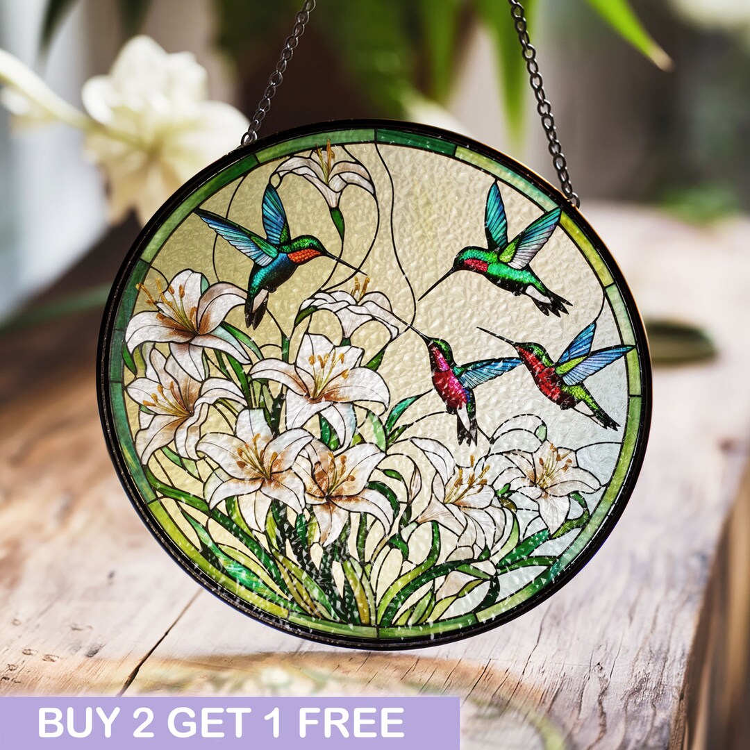 Stained Glass Hummingbird and White Lily Suncatcher - Elegant Window ...