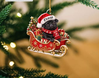Custom Black Pug Dog Riding Santa Sleigh Christmas Presents Bauble, Cute Puppy Pet Lover Keepsake Pendant, Gift for Pug Owner