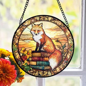 Fox And Book Stained Glass Suncatcher, Literary Inspired Window Hanging, Autumn Stained Glass Decor, Nature Wildlife Art, Book Lover Gift