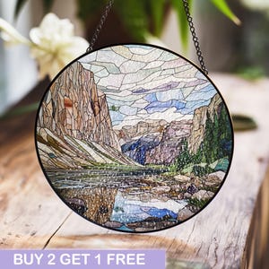 Majestic Mountain Landscape Stained Glass Panel - Nature-Inspired Scenic Window Hanging