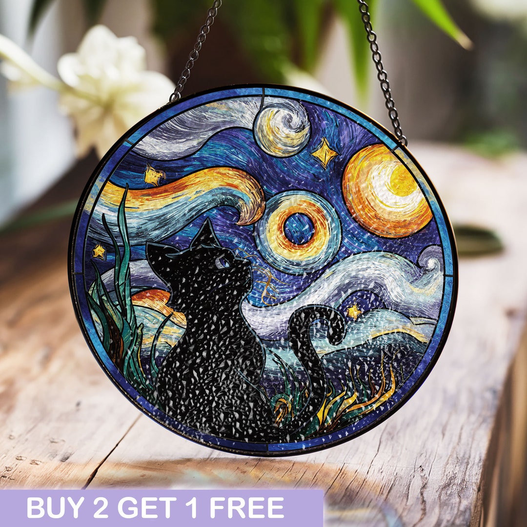 Starry Night Black Cat Stained Glass Suncatcher – Celestial Window Art ...
