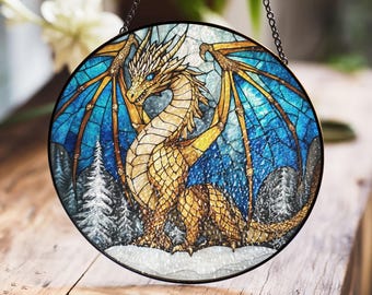 Gebrandschilderd glas Golden Dragon - majestueuze raamdecoratie