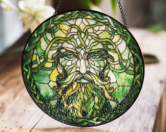 Green Man Stained Glass Suncatcher, Nature Inspired Decor, Celtic Design, Unique Home Decor, Gift for Nature Lovers, Spiritual Gift