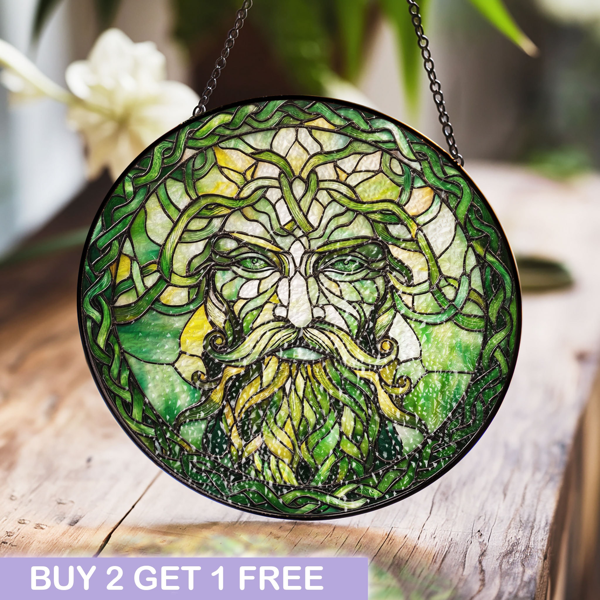 Green Man Stained Glass Suncatcher, Nature Inspired Decor, Celtic
