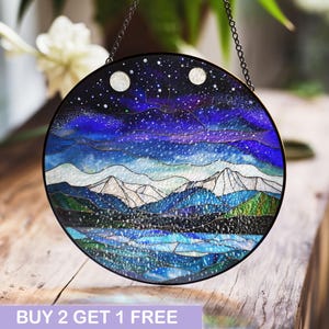 Starry Night Mountain Landscape Stained Glass Window Hanging, Celestial Art for Home Decor