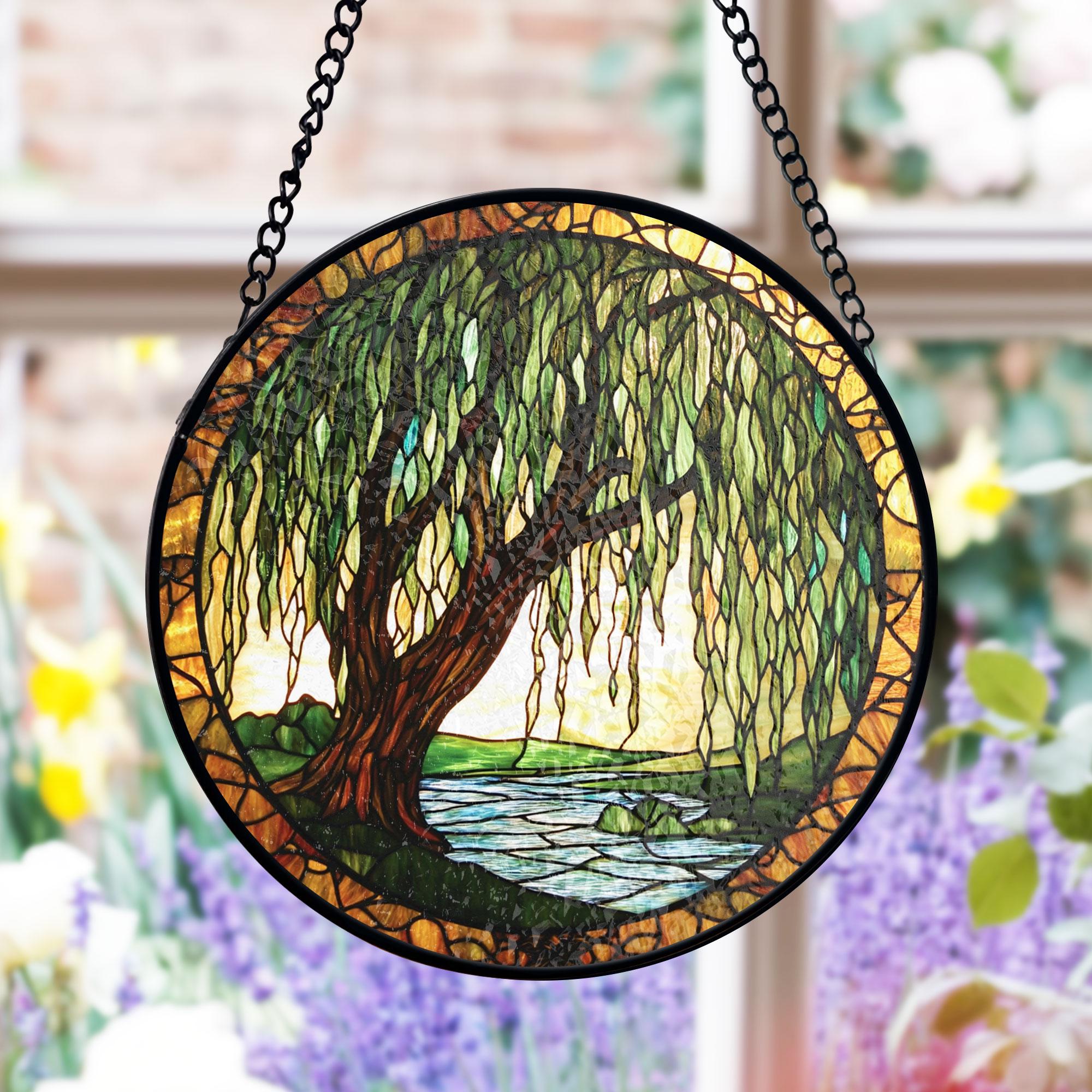 Willow Tree Stained Glass Suncatcher, Nature Window Art, Tranquil River Scene, Rustic Home Decor, Serenity Theme, Gift for Mom