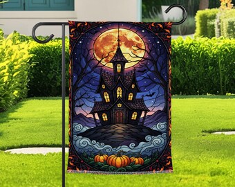 Haunted House Garden Flag For Halloween, Spooky Moon Yard Flag, Gothic Pumpkin Garden Decor, Witchy Fall Outdoor Flag, Porch Decor Flag