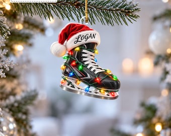 Custom Ice Skate Shoe Wearing Santa Hat Twinkle String Lights Bauble, Winter Sports Athlete Keepsake Pendant, Gift for Daughter