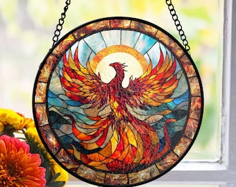 Phoenix Stained Glass Suncatcher, Rising Firebird Window Art, Mythical Home Decor, Symbol of Rebirth, Fantasy Gift for Him or Her