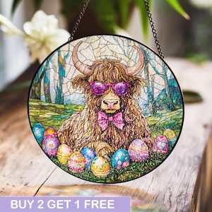 Highland Cow Stained Glass Suncatcher, Easter Decor, Funny Cow Art, Farmhouse Style, Spring Window Hanging, Easter Gift