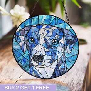 Blue Dog Stained Glass Panel for Window or Wall Decoration
