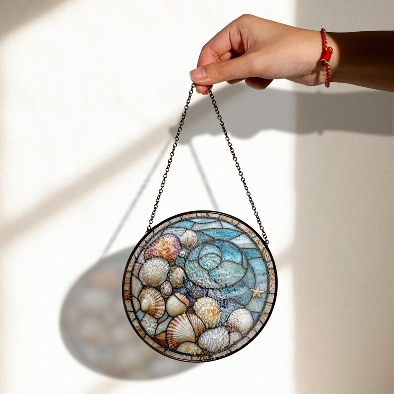 Seashell With Ocean Shell Stained Glass Suncatcher, Beach Window Decor ...