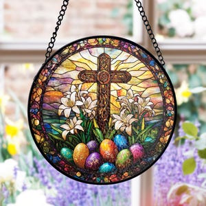 Easter Cross Stained Glass Suncatcher, Religious Window Decor, Christian Home Accent, Easter Lily Art, Faith Gift, Spiritual Gift