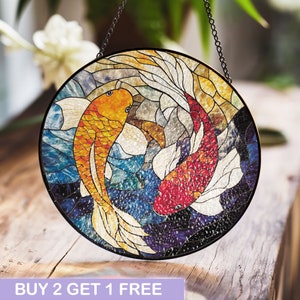 Koi Fish Stained Glass Window Panel, Colorful Water-Inspired Art for Home or Zen Decor