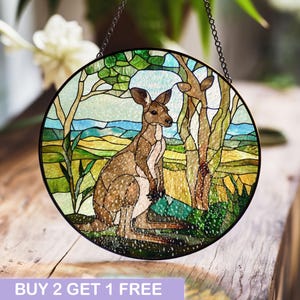 Australian Kangaroo Stained Glass Window Panel - Vibrant Outback Wildlife Scene for Nature Lovers