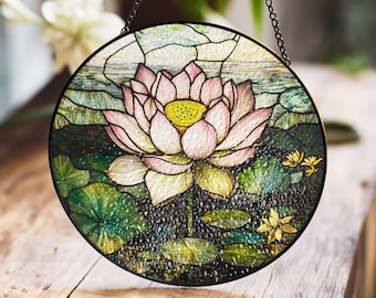 蓮の花のステンドグラスパネル - エレガントなピンクの花と睡蓮の葉の