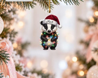 Custom Adorable Baby Badger Santa Hat Twinkle Lights Bauble, Cute Forest Wildlife Animal Keepsake Pendant, Gift for Daughter
