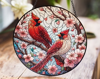Cardinal Stained Glass Suncatcher, Vibrant Spring Decor, Bird Lover Window Hanging, Flower and Bird Theme, Perfect Gift for Mom
